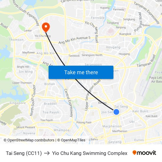 Tai Seng (CC11) to Yio Chu Kang Swimming Complex map