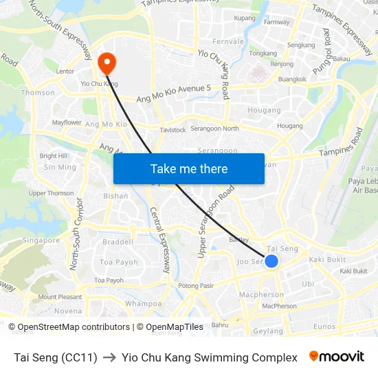 Tai Seng (CC11) to Yio Chu Kang Swimming Complex map
