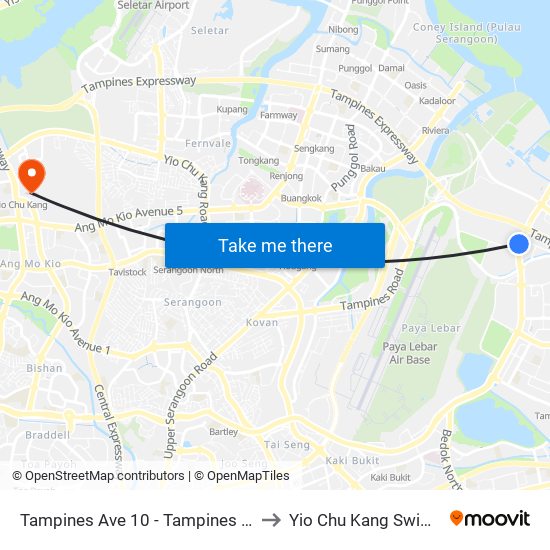 Tampines Ave 10 - Tampines Wafer Fab Pk (75351) to Yio Chu Kang Swimming Complex map