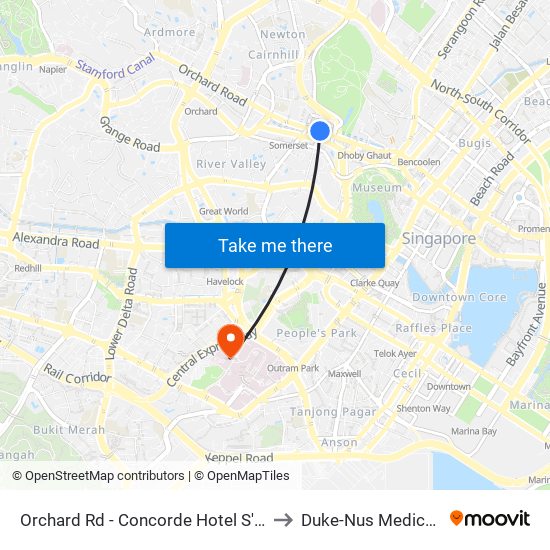 Orchard Rd - Concorde Hotel S'Pore (08138) to Duke-Nus Medical School map