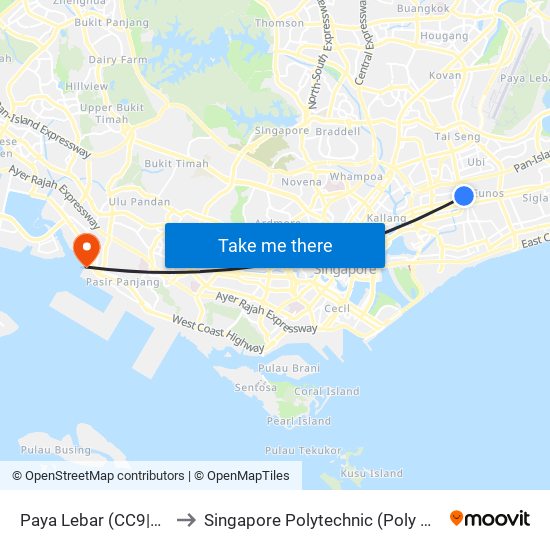 Paya Lebar (CC9|EW8) to Singapore Polytechnic (Poly Marina) map