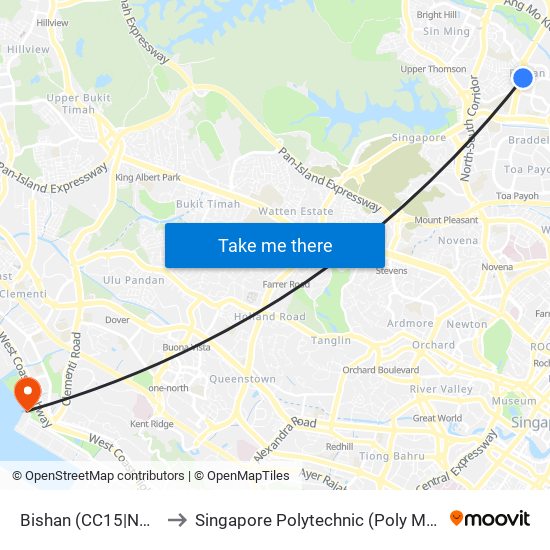 Bishan (CC15|NS17) to Singapore Polytechnic (Poly Marina) map