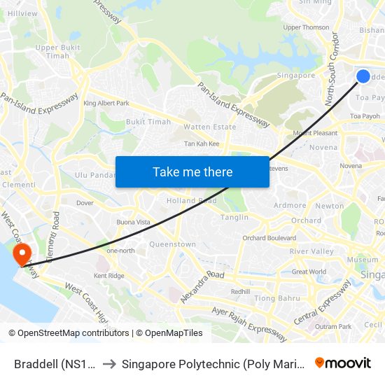 Braddell (NS18) to Singapore Polytechnic (Poly Marina) map