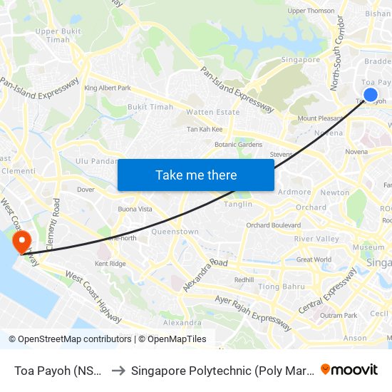Toa Payoh (NS19) to Singapore Polytechnic (Poly Marina) map
