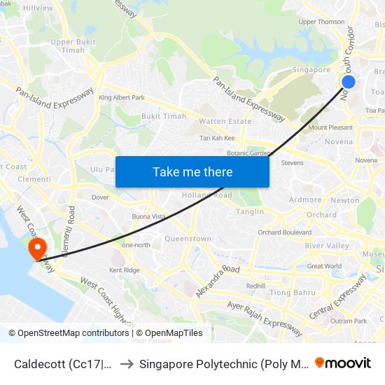 Caldecott (Cc17|Te9) to Singapore Polytechnic (Poly Marina) map