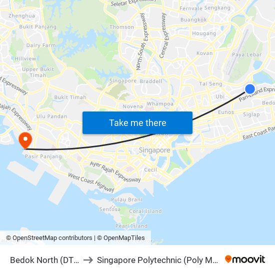 Bedok North (DT29) to Singapore Polytechnic (Poly Marina) map