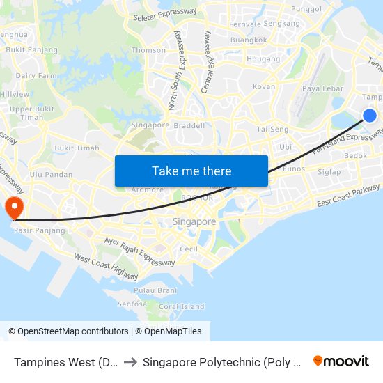 Tampines West (DT31) to Singapore Polytechnic (Poly Marina) map