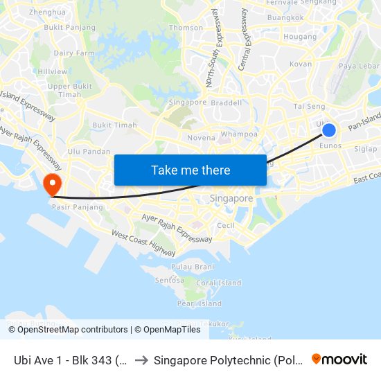 Ubi Ave 1 - Blk 343 (71111) to Singapore Polytechnic (Poly Marina) map