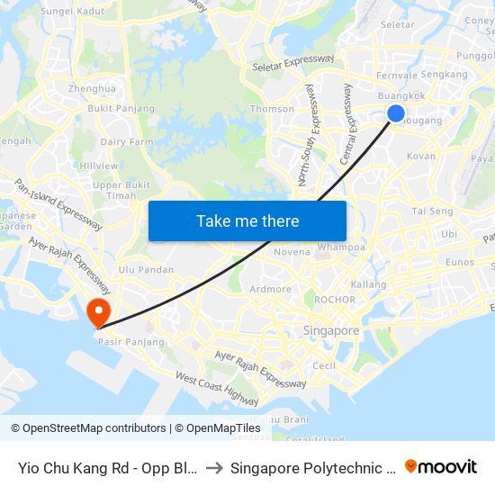 Yio Chu Kang Rd - Opp Blk 953 (64111) to Singapore Polytechnic (Poly Marina) map