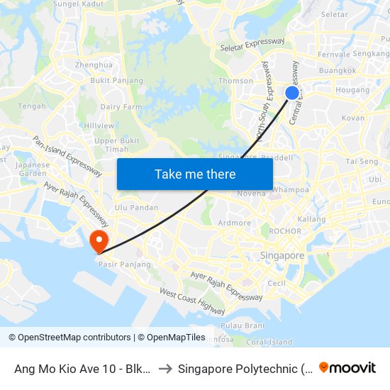 Ang Mo Kio Ave 10 - Blk 555 (54589) to Singapore Polytechnic (Poly Marina) map
