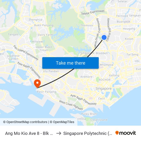 Ang Mo Kio Ave 8 - Blk 332 (54311) to Singapore Polytechnic (Poly Marina) map