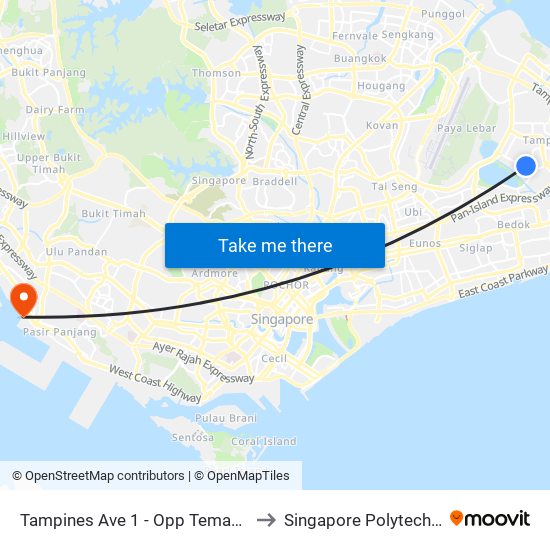 Tampines Ave 1 - Opp Temasek Poly East G (75221) to Singapore Polytechnic (Poly Marina) map