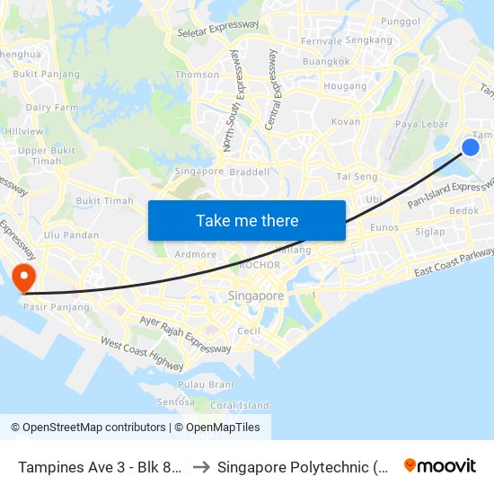 Tampines Ave 3 - Blk 831 (75081) to Singapore Polytechnic (Poly Marina) map