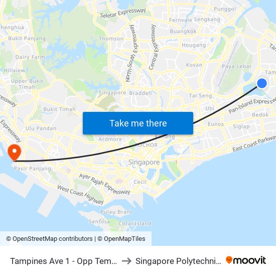 Tampines Ave 1 - Opp Temasek Poly (75231) to Singapore Polytechnic (Poly Marina) map