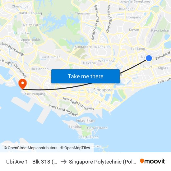 Ubi Ave 1 - Blk 318 (71101) to Singapore Polytechnic (Poly Marina) map