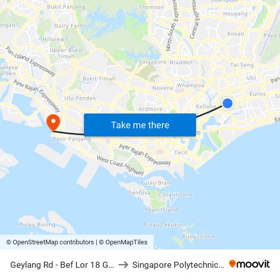 Geylang Rd - Bef Lor 18 Geylang (80089) to Singapore Polytechnic (Poly Marina) map