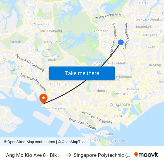 Ang Mo Kio Ave 8 - Blk 420 (54329) to Singapore Polytechnic (Poly Marina) map