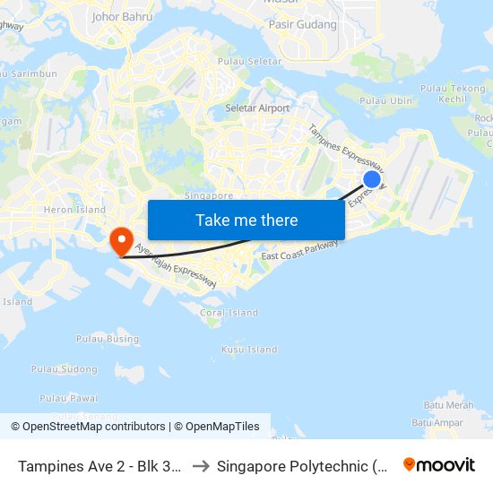 Tampines Ave 2 - Blk 302 (76109) to Singapore Polytechnic (Poly Marina) map