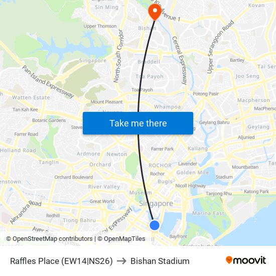Raffles Place (EW14|NS26) to Bishan Stadium map