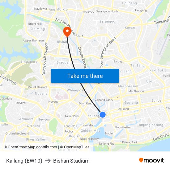 Kallang (EW10) to Bishan Stadium map