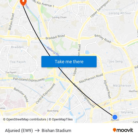 Aljunied (EW9) to Bishan Stadium map