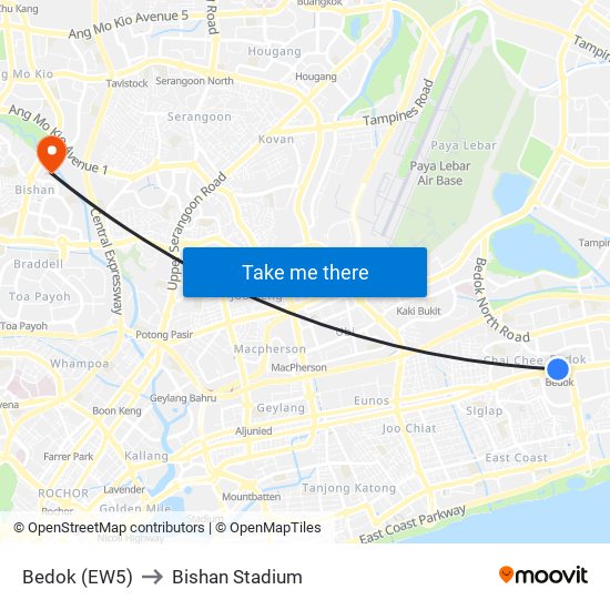 Bedok (EW5) to Bishan Stadium map