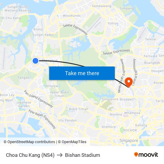 Choa Chu Kang (NS4) to Bishan Stadium map