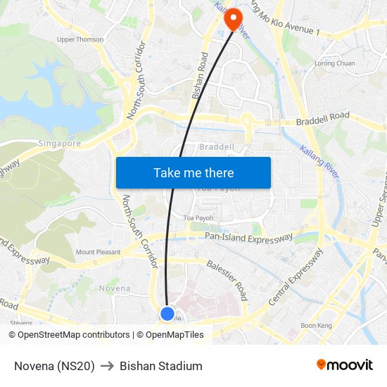 Novena (NS20) to Bishan Stadium map