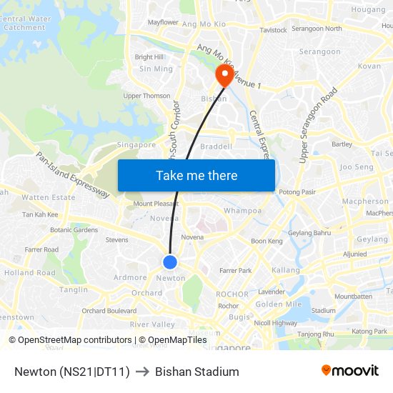 Newton (NS21|DT11) to Bishan Stadium map