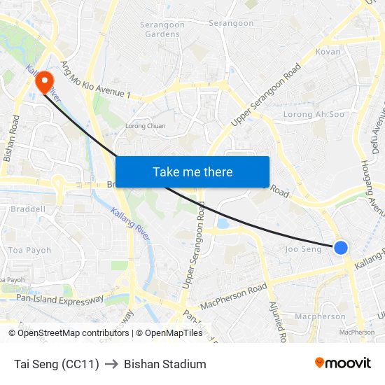 Tai Seng (CC11) to Bishan Stadium map