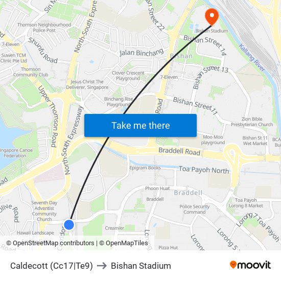 Caldecott (Cc17|Te9) to Bishan Stadium map