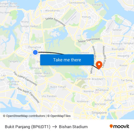 Bukit Panjang (BP6|DT1) to Bishan Stadium map