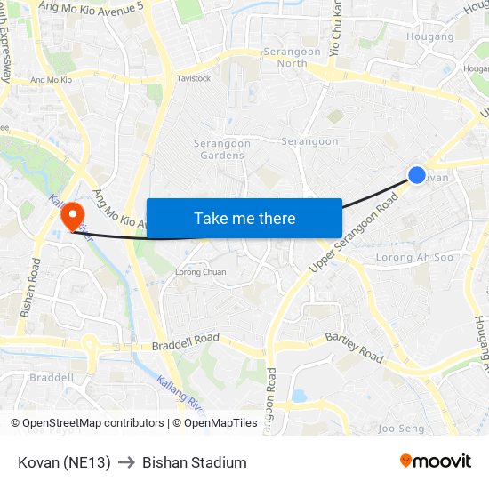 Kovan (NE13) to Bishan Stadium map