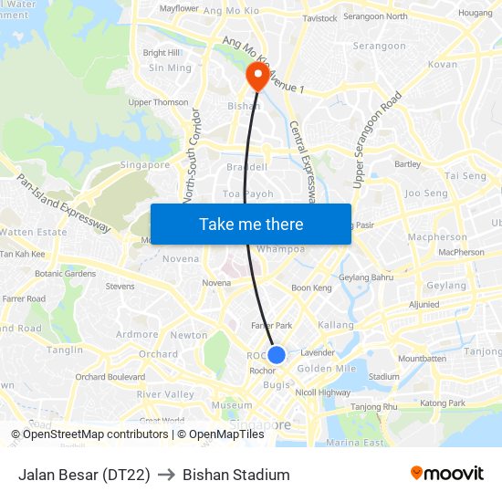 Jalan Besar (DT22) to Bishan Stadium map