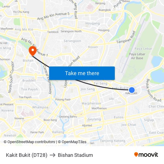 Kakit Bukit (DT28) to Bishan Stadium map