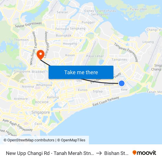 New Upp Changi Rd - Tanah Merah Stn Exit A (85099) to Bishan Stadium map