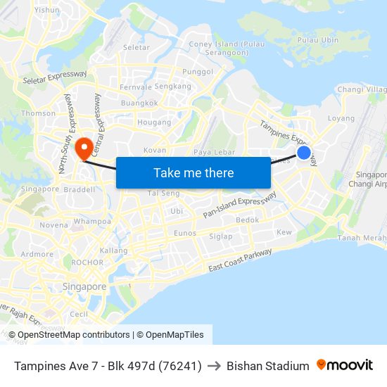 Tampines Ave 7 - Blk 497d (76241) to Bishan Stadium map