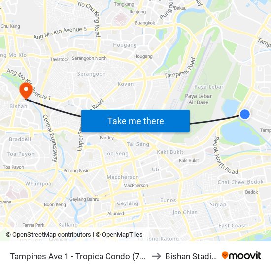 Tampines Ave 1 - Tropica Condo (75259) to Bishan Stadium map