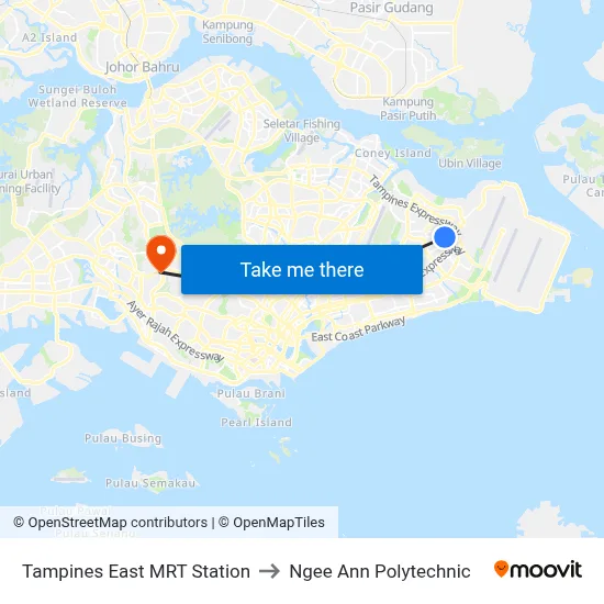 Tampines East MRT Station to Ngee Ann Polytechnic map