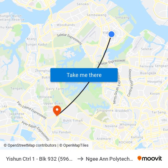 Yishun Ctrl 1 - Blk 932 (59661) to Ngee Ann Polytechnic map