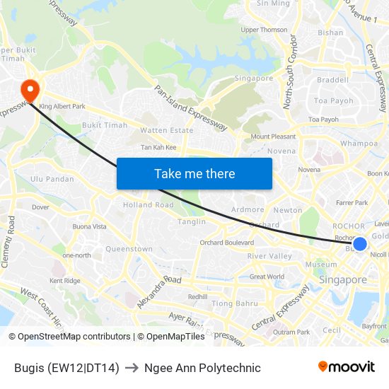 Bugis (EW12|DT14) to Ngee Ann Polytechnic map