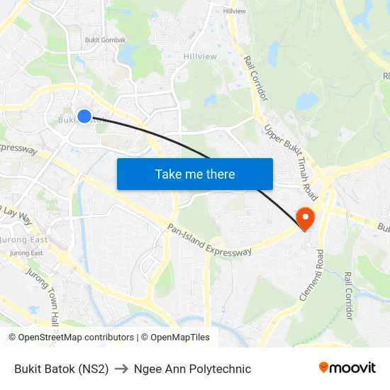 Bukit Batok (NS2) to Ngee Ann Polytechnic map