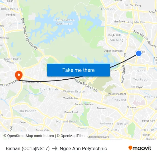 Bishan (CC15|NS17) to Ngee Ann Polytechnic map