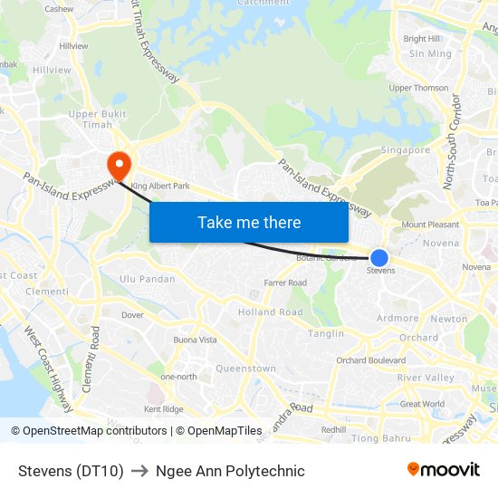 Stevens (DT10) to Ngee Ann Polytechnic map