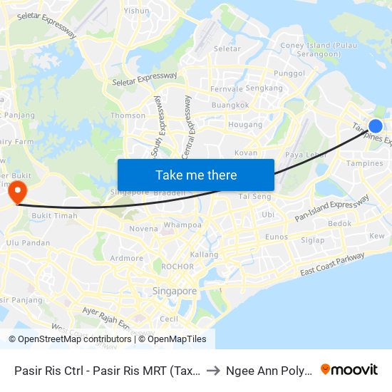 Pasir Ris Ctrl - Pasir Ris MRT (Taxi Stand G22) to Ngee Ann Polytechnic map