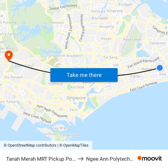 Tanah Merah MRT Pickup Point to Ngee Ann Polytechnic map