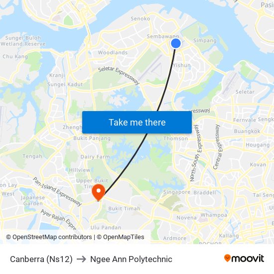 Canberra (Ns12) to Ngee Ann Polytechnic map
