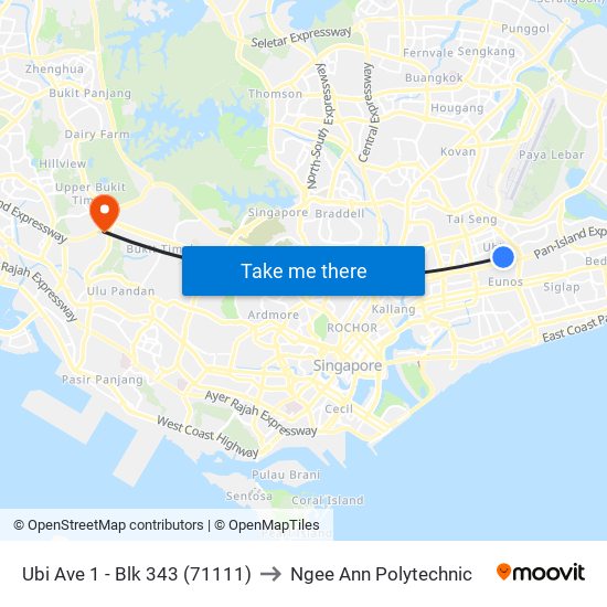 Ubi Ave 1 - Blk 343 (71111) to Ngee Ann Polytechnic map