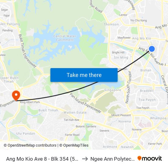 Ang Mo Kio Ave 8 - Blk 354 (54321) to Ngee Ann Polytechnic map