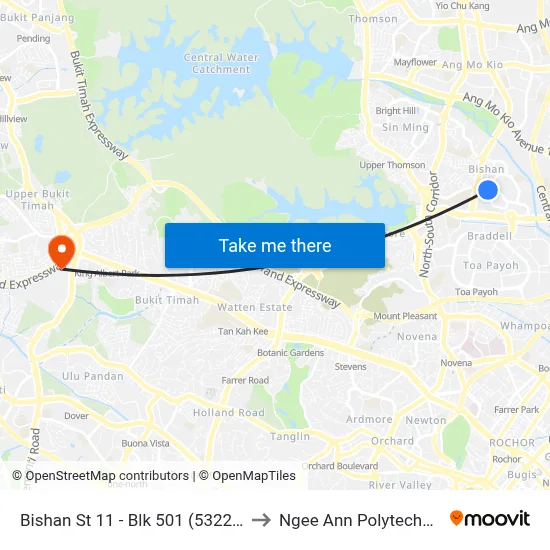 Bishan St 11 - Blk 501 (53229) to Ngee Ann Polytechnic map